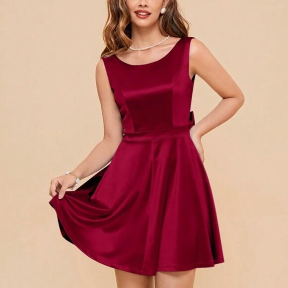 NWOT Dark Red Satin Christmas Mini Dress w Bow - Picture 3 of 14